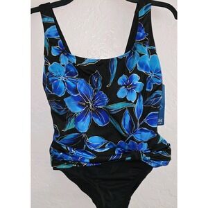 Great Lengths Swimsuit 10 One Piece Lined Shelf Bra Blue Black Gold Floral
